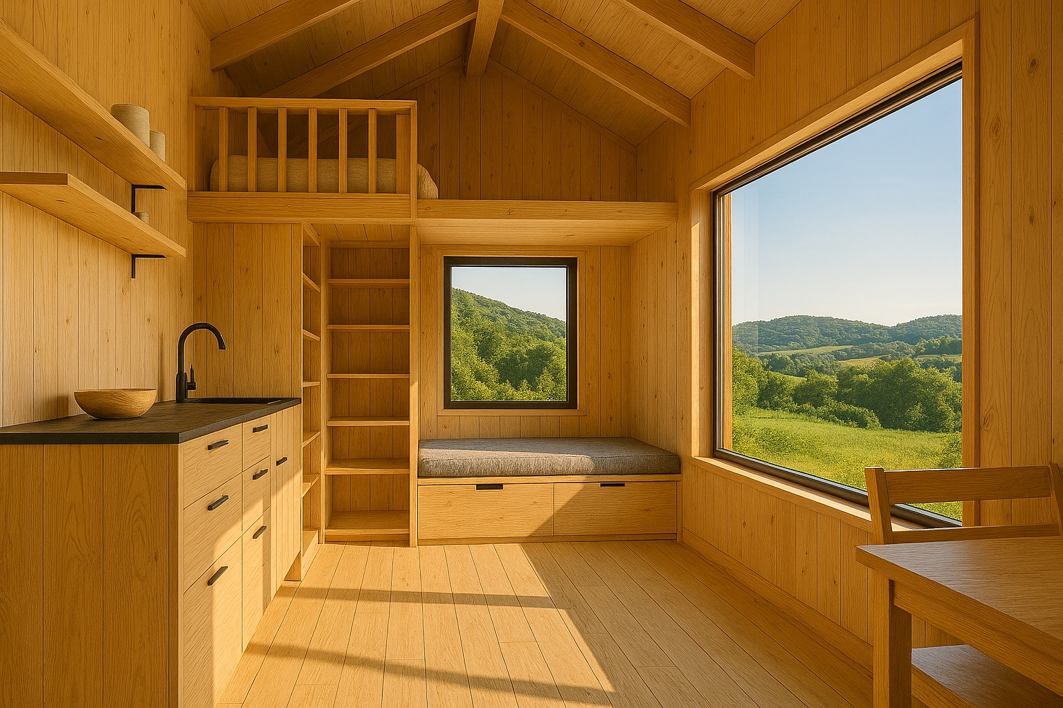 Helles Tiny-House-Interieur mit Panoramafenster und Blick auf grüne Hügel, maßgefertigte Einbaumöbel und Schlafloft.