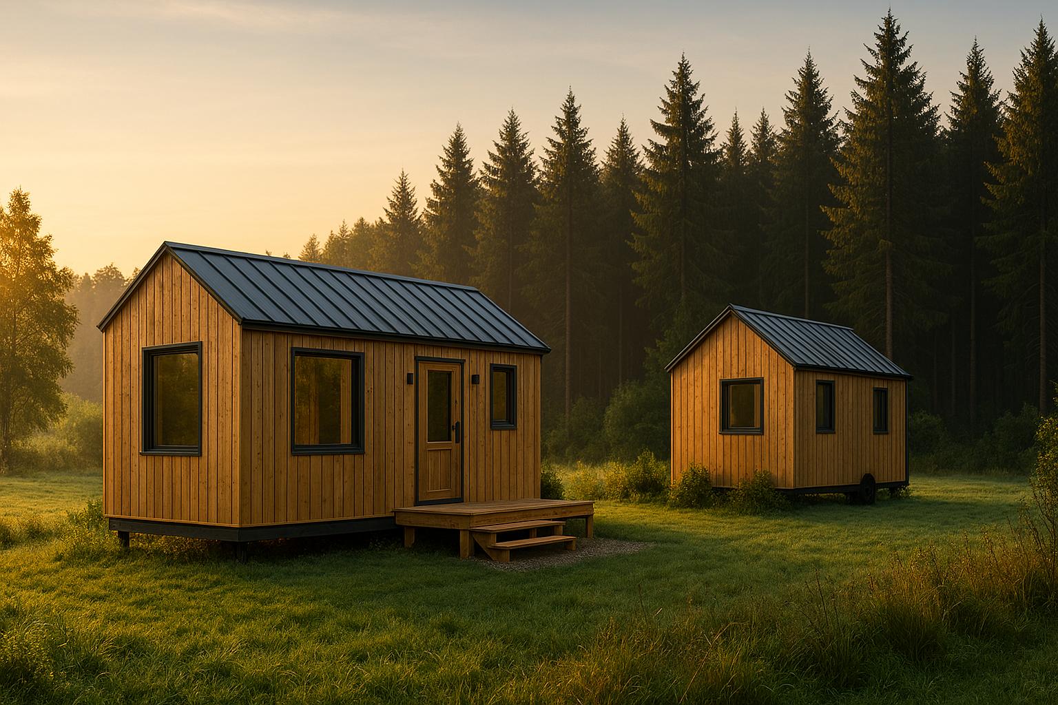 Tiny Houses bei Sonnenaufgang am Waldrand im Fichtelgebirge, warmes Morgenlicht, Holzfassaden, kleine erschlossene Parzelle.