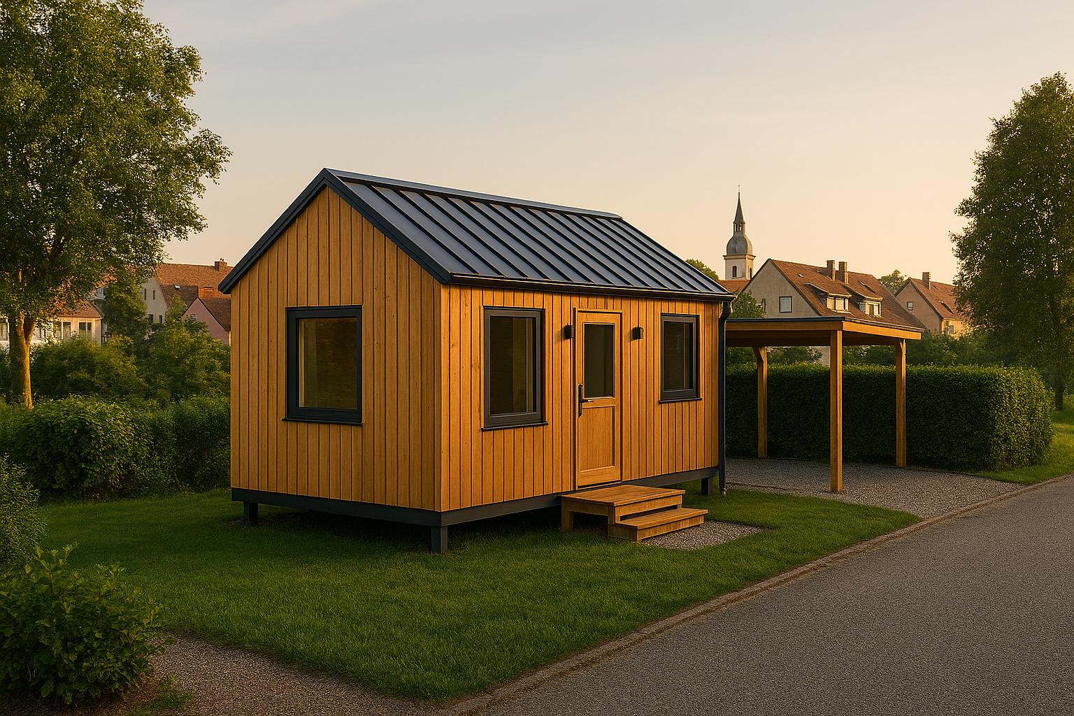 Kleines modernes Tiny House auf einer erschlossenen Parzelle am Stadtrand in Oberfranken, mit Carport und Begrünung.