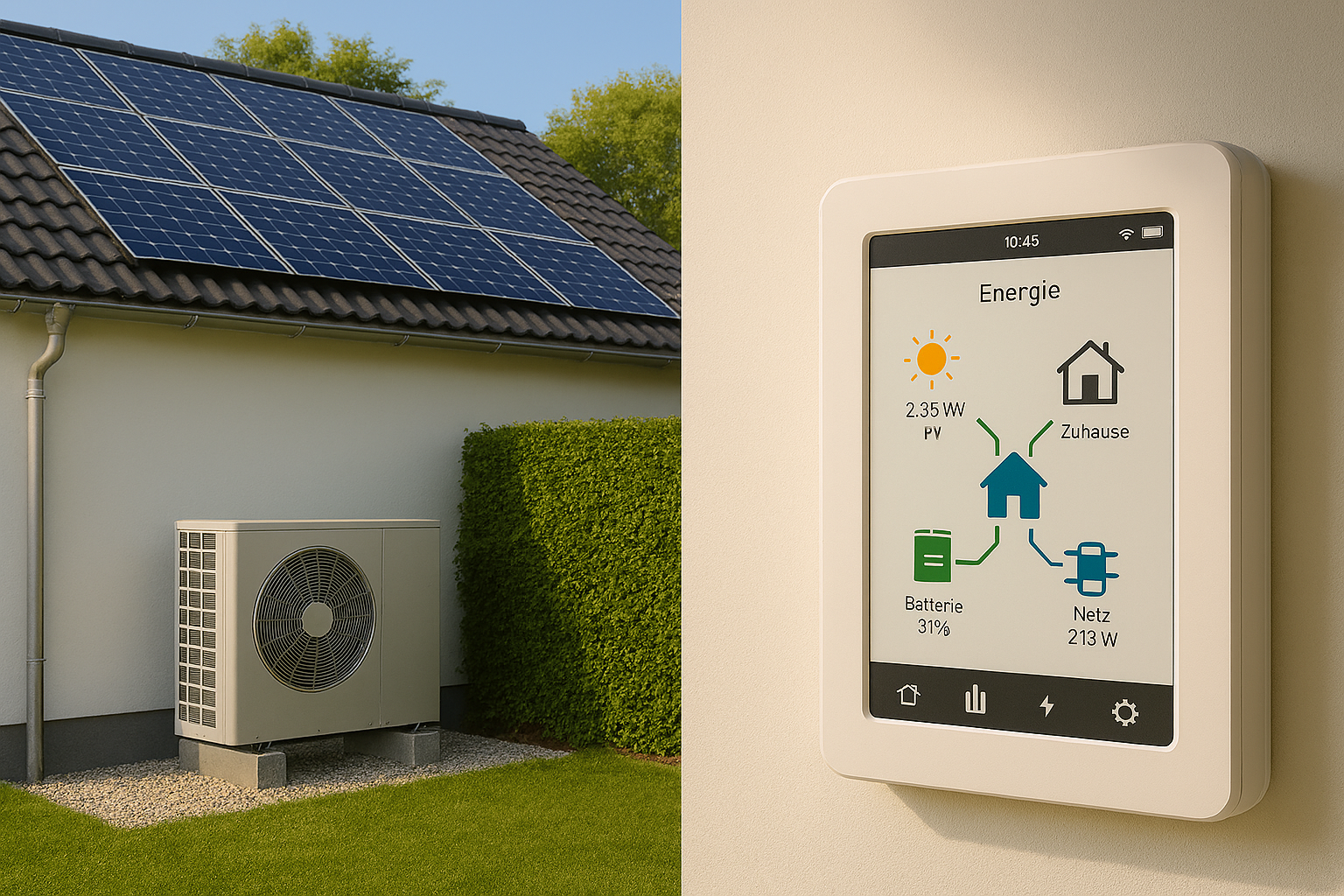 Energieeffizient bauen: Photovoltaik auf dem Dach, Luft-Wasser-Wärmepumpe am Haus und Smart-Home-Bedienpanel