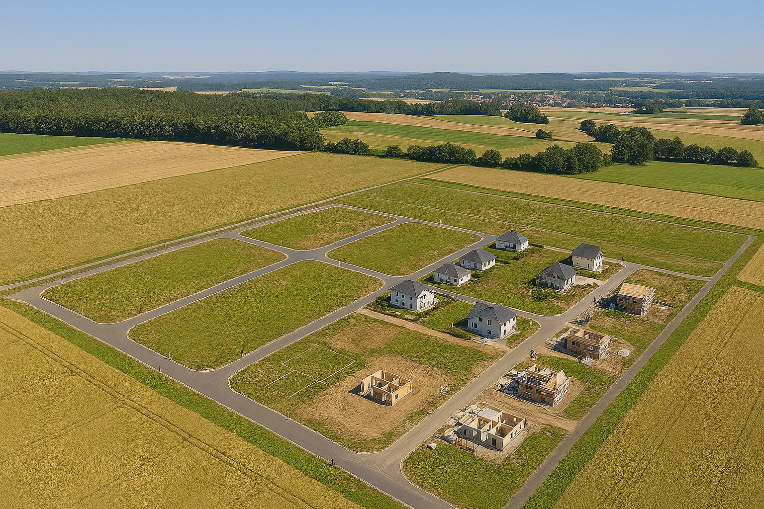 Luftaufnahme eines neuen Baugebiets mit erschlossenen Parzellen, Straßen und Versorgungsanschlüssen