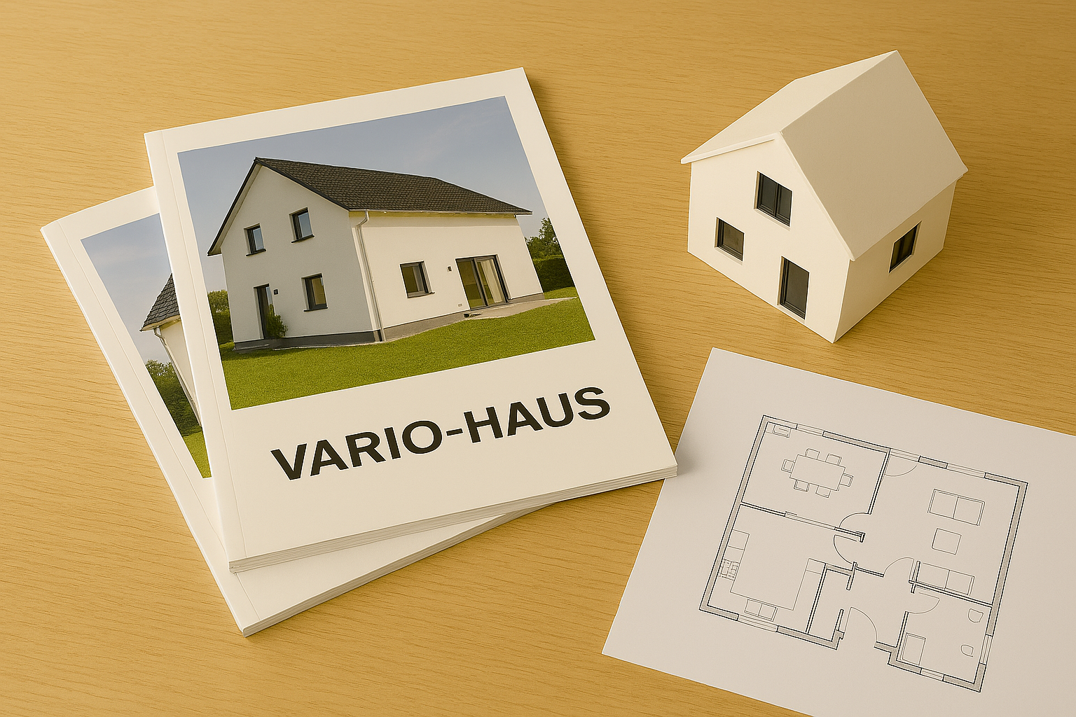 Hausbau-Kataloge und Grundrissmappen mit Beispielhäusern und Varianten, neutral ohne Markenlogo