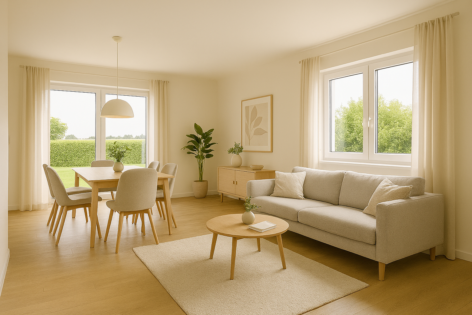 Heller Wohn- und Essbereich mit großen Fensterflächen, Holzfußboden und schlichtem skandinavischem Interieur
