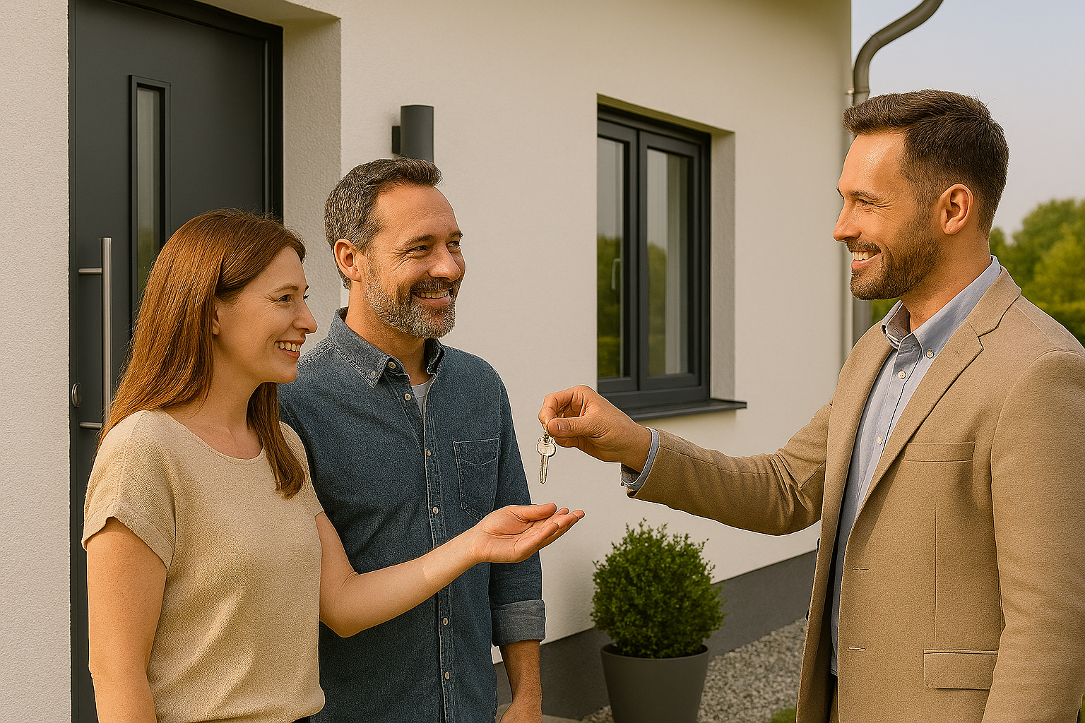 Schlüsselübergabe vor dem neuen Einfamilienhaus – glücklicher Einzugsmoment im Garten